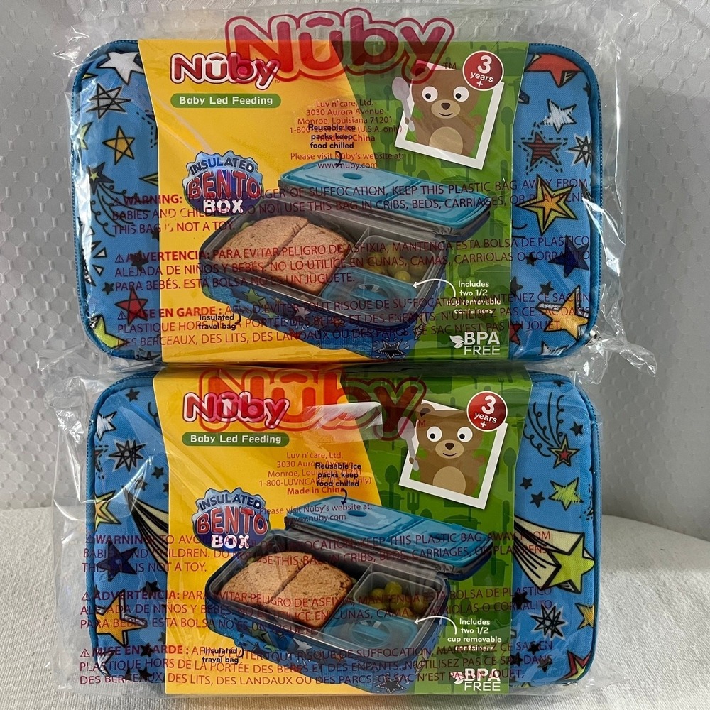 Lot of 2 Nuby Stars Kids Insulated Bento Lunch Box with Reusable Ice Pack